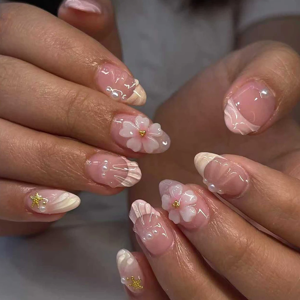 Nail Art French Nails - 24 Uñas Postizas Cortas Ovaladas 3D