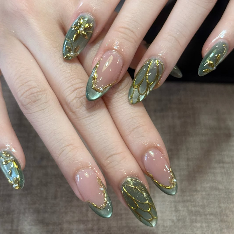 Nail Art French Nails - 24 Uñas Postizas Verdes Ojo de