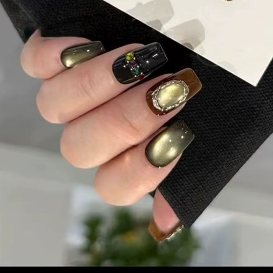 Nail Art Cat Eye Simple - 10 Uds. Uñas Postizas Retro Otoñales